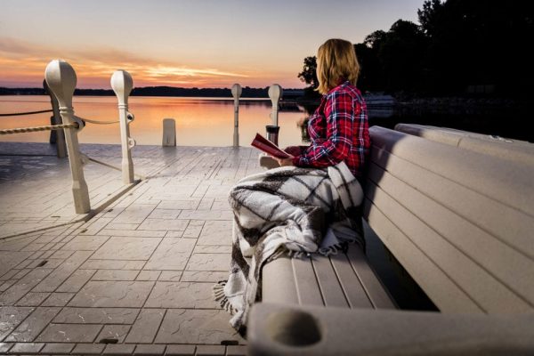 Wave Armor Heritage Dock Post Cover and Bench on Wave Dock at Dusk